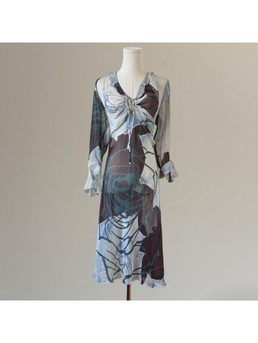 90s 100% silk Tessuto floral midi dress Sz. L